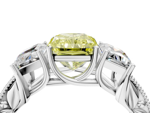 White gold Three-Stone Fancy Yellow Radiant Cut Cut Milgrain Pavé Engagement Ring_4