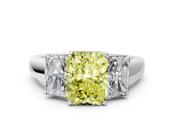 Platinum Three-Stone Fancy Yellow Radiant Cut Cut Solitaire Ring with Classic Prong Setting
