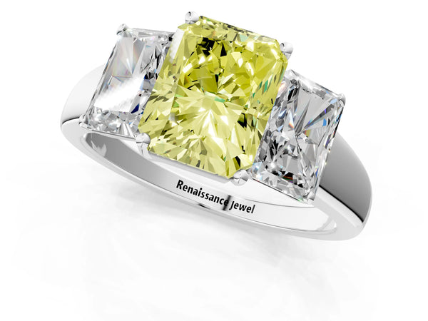 Platinum Three-Stone Fancy Yellow Radiant Cut Cut Solitaire Ring with Classic Prong Setting