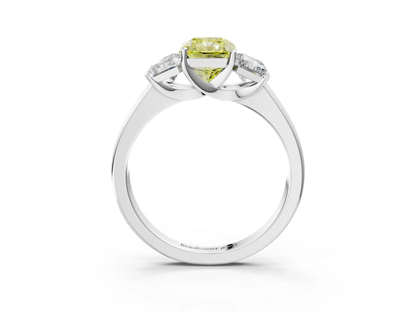 Platinum Three-Stone Fancy Yellow Radiant Cut Cut Solitaire Ring with Classic Prong Setting