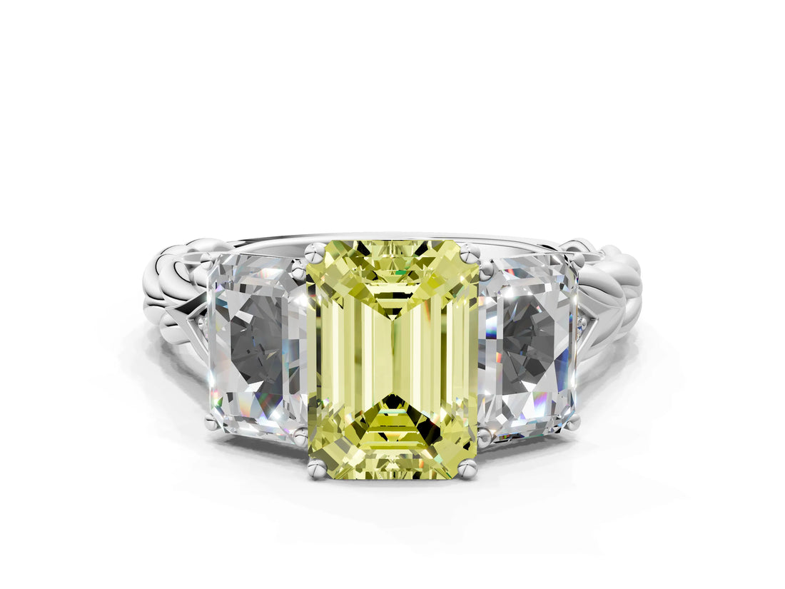 White gold Three-Stone Fancy Yellow Radiant Cut Diamond Braided Band Ring with Four-Prong Setting_102