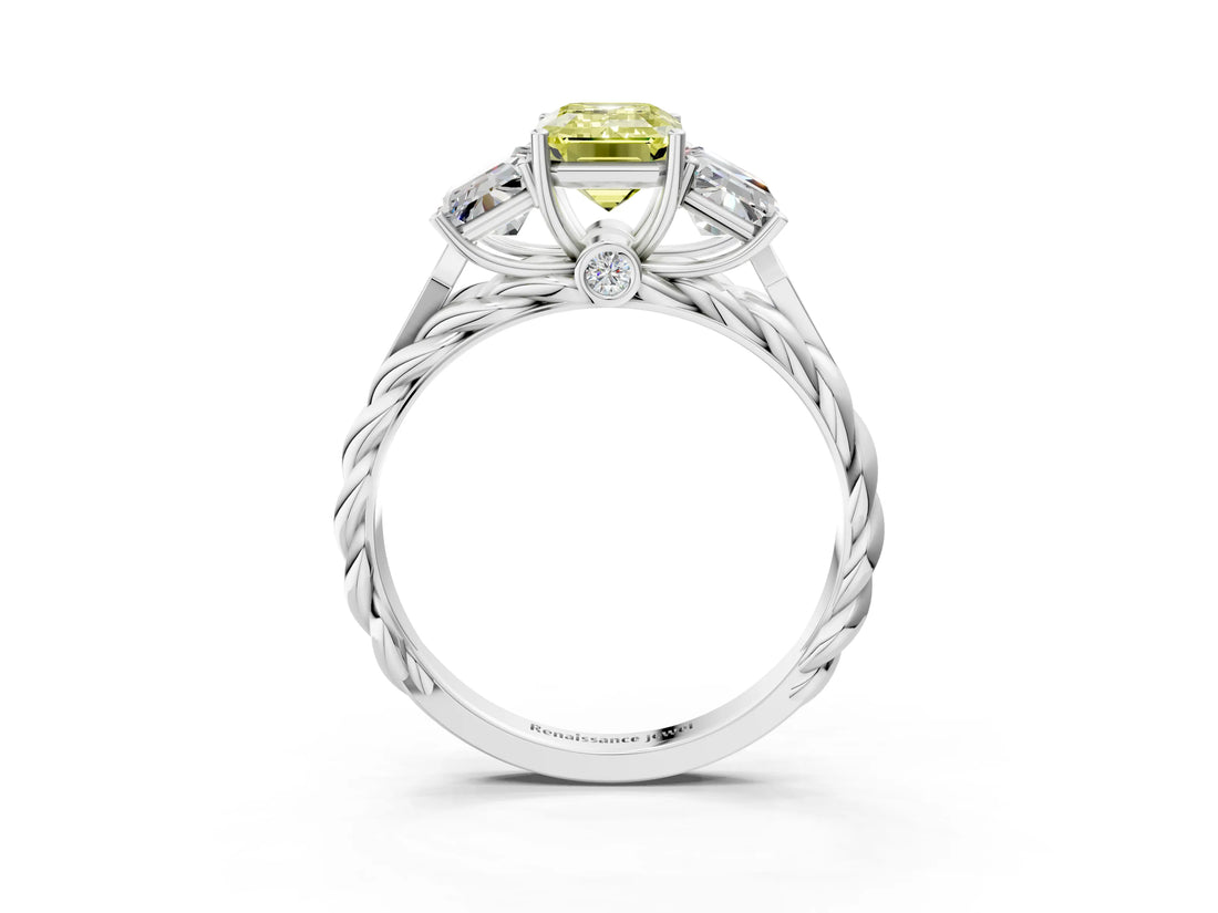 White gold Three-Stone Fancy Yellow Radiant Cut Diamond Braided Band Ring with Four-Prong Setting_105