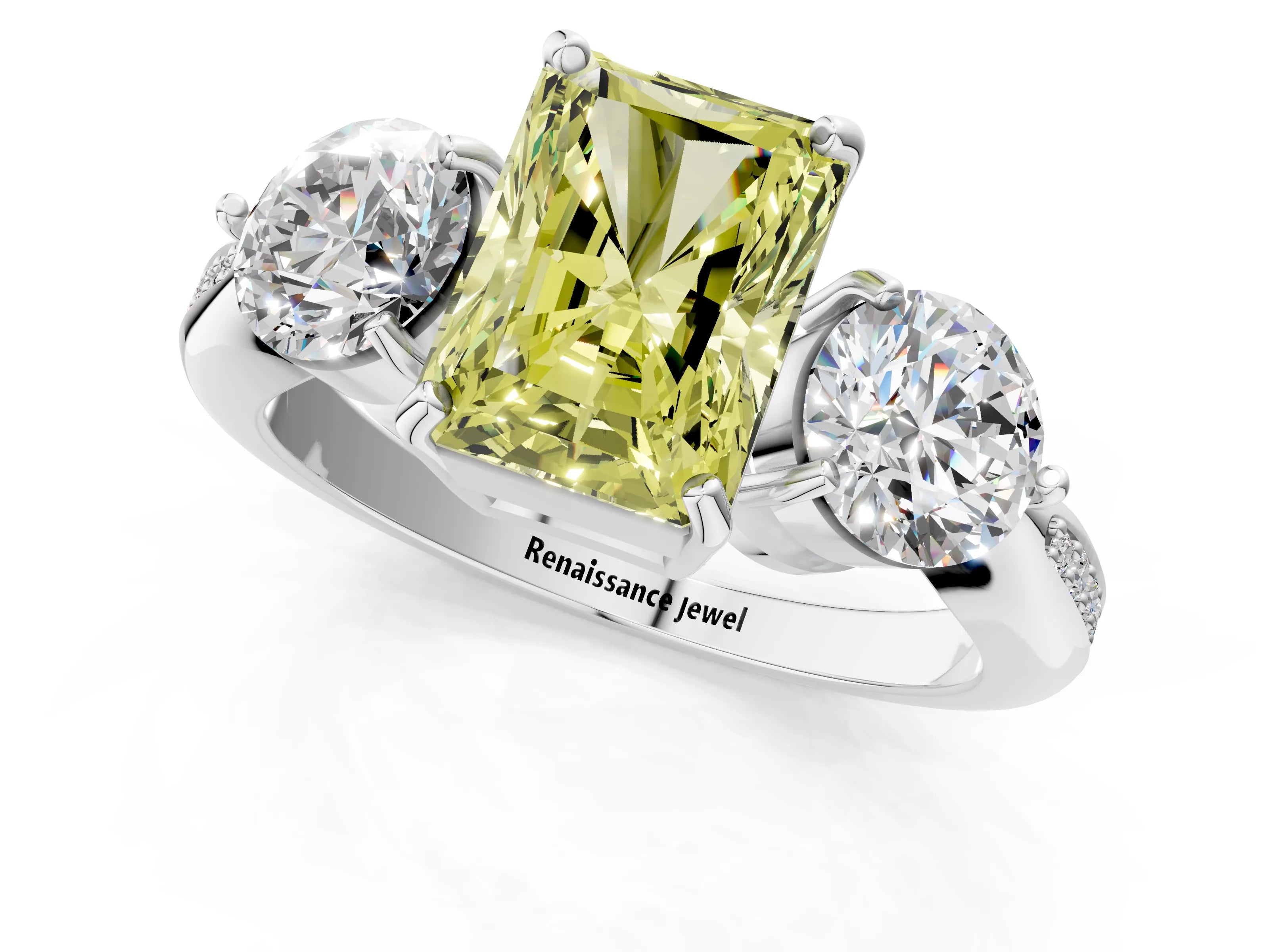 White gold Three-Stone Fancy Yellow Radiant Cut Diamond Channel Set Engagement Ring with Prong Setting_13