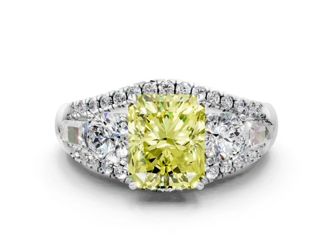 White gold Three-Stone Fancy Yellow Radiant Cut Diamond Engagement Ring with Pave Band and Prong Setting_12