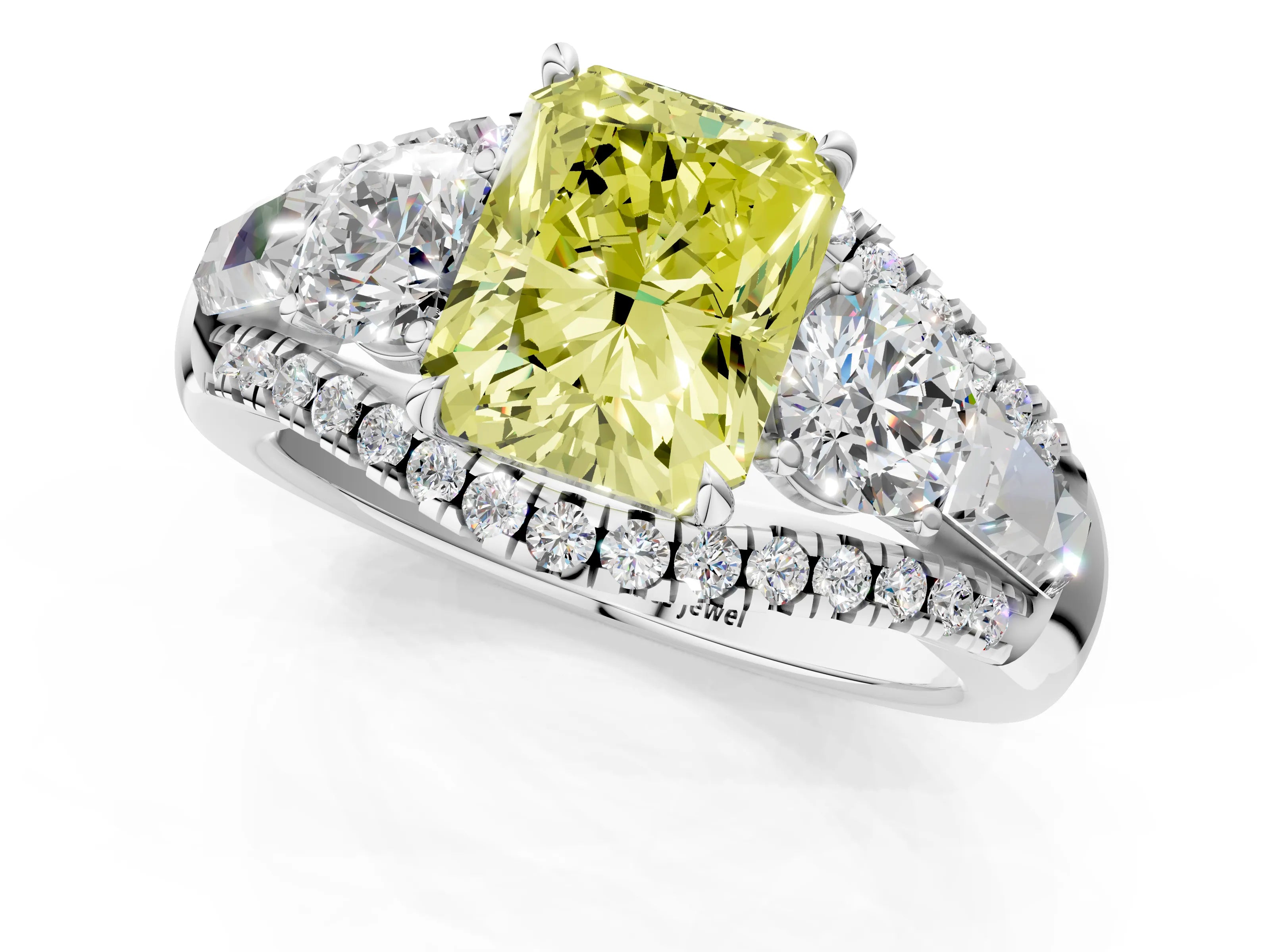 White gold Three-Stone Fancy Yellow Radiant Cut Diamond Engagement Ring with Pave Band and Prong Setting_13
