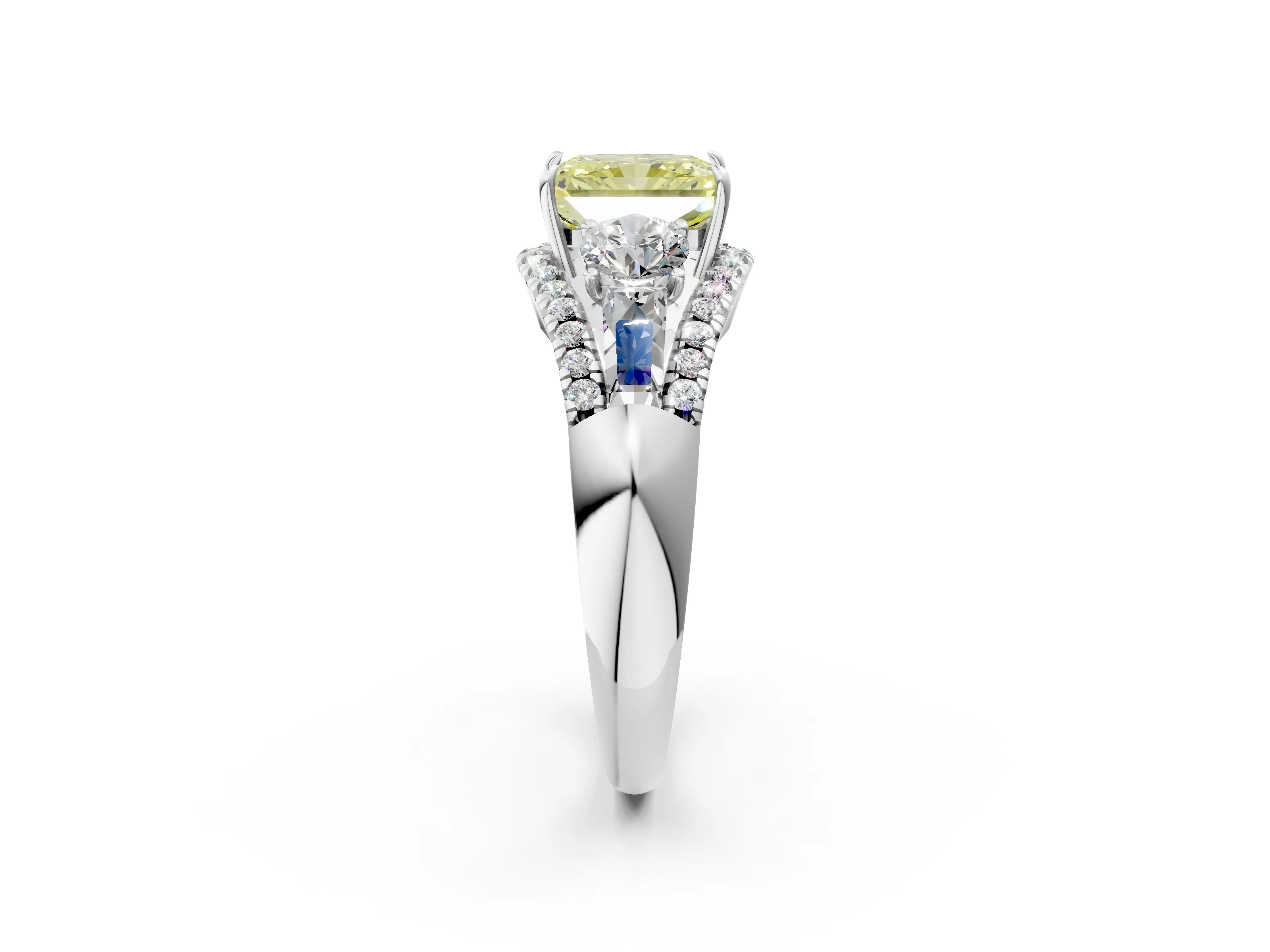 White gold Three-Stone Fancy Yellow Radiant Cut Diamond Engagement Ring with Pave Band and Prong Setting_14
