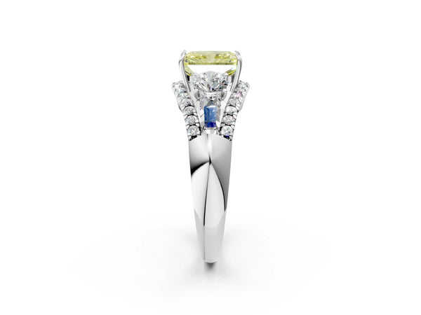 White gold Three-Stone Fancy Yellow Radiant Cut Diamond Engagement Ring with Pave Band and Prong Setting