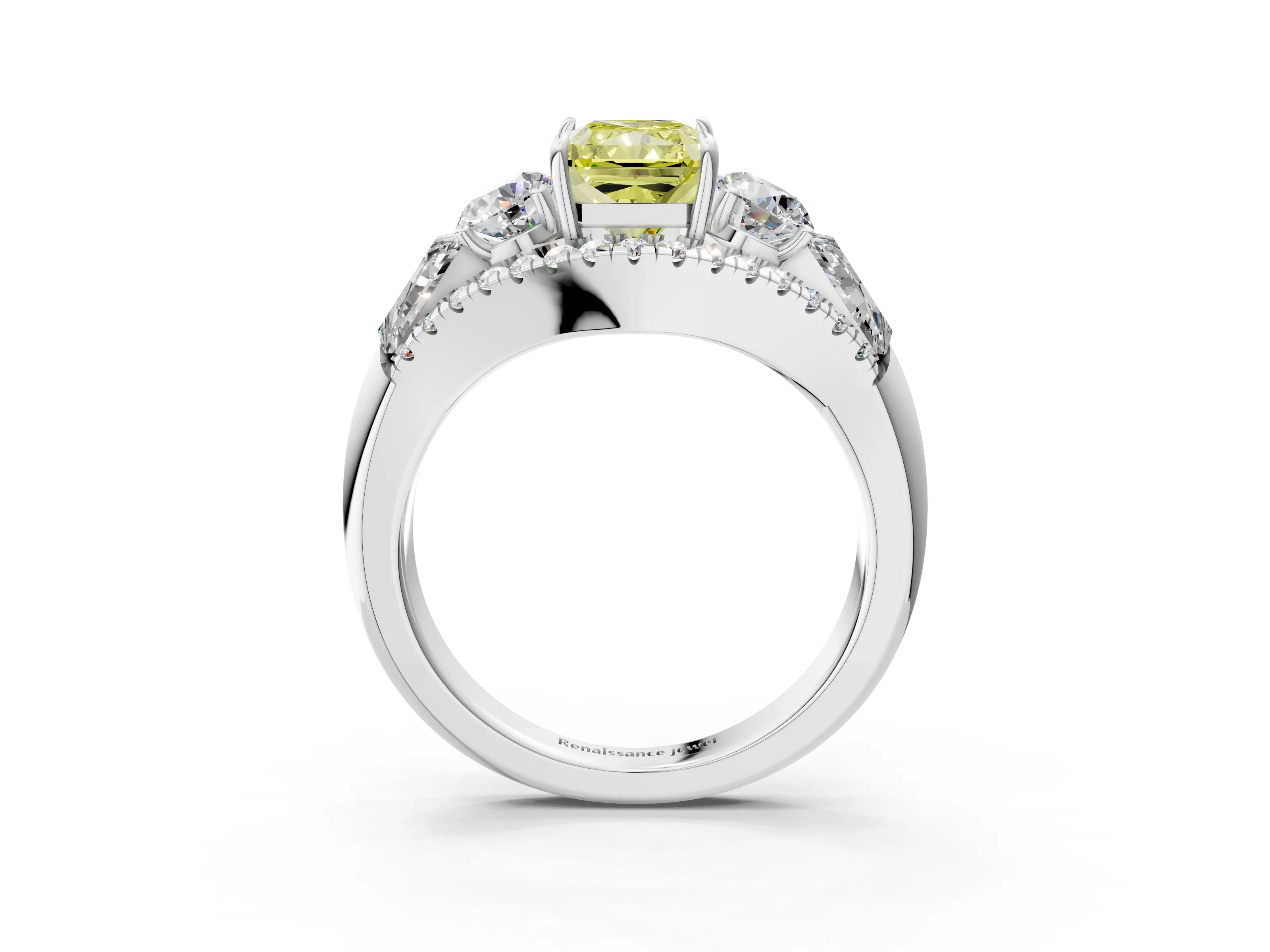 White gold Three-Stone Fancy Yellow Radiant Cut Diamond Engagement Ring with Pave Band and Prong Setting_15