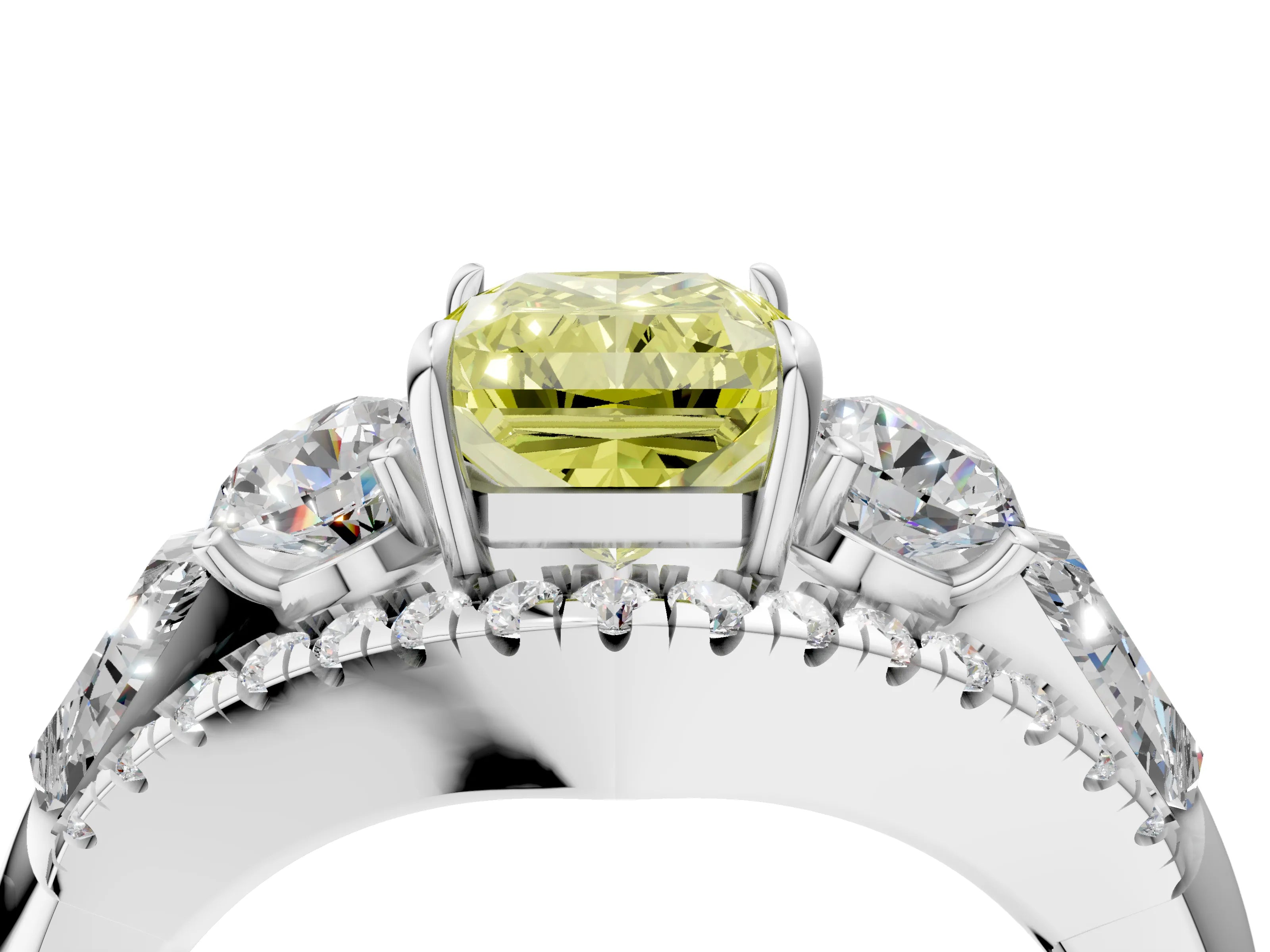 White gold Three-Stone Fancy Yellow Radiant Cut Diamond Engagement Ring with Pave Band and Prong Setting_16