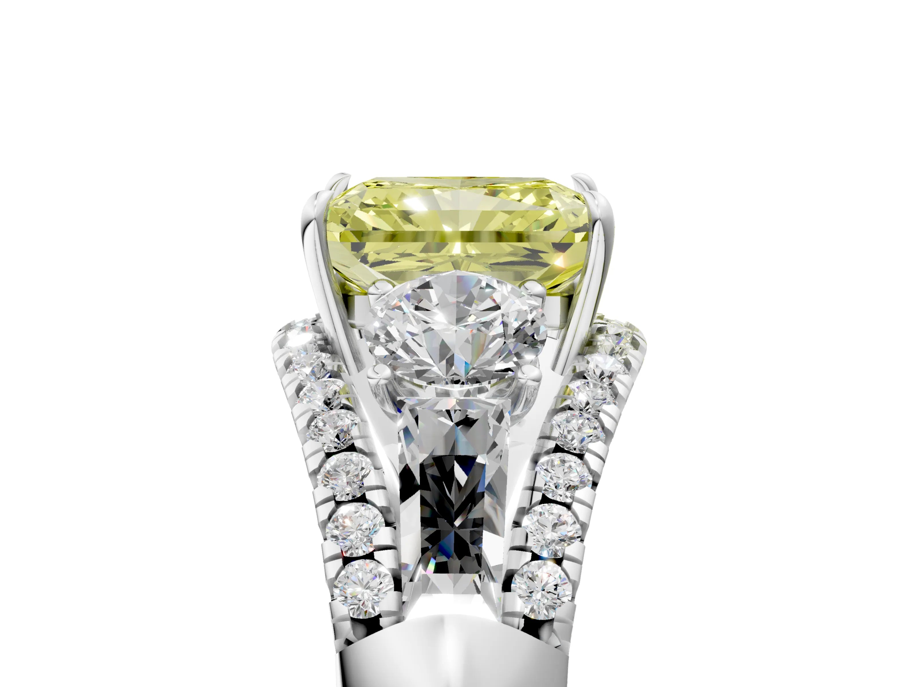 White gold Three-Stone Fancy Yellow Radiant Cut Diamond Engagement Ring with Pave Band and Prong Setting_17