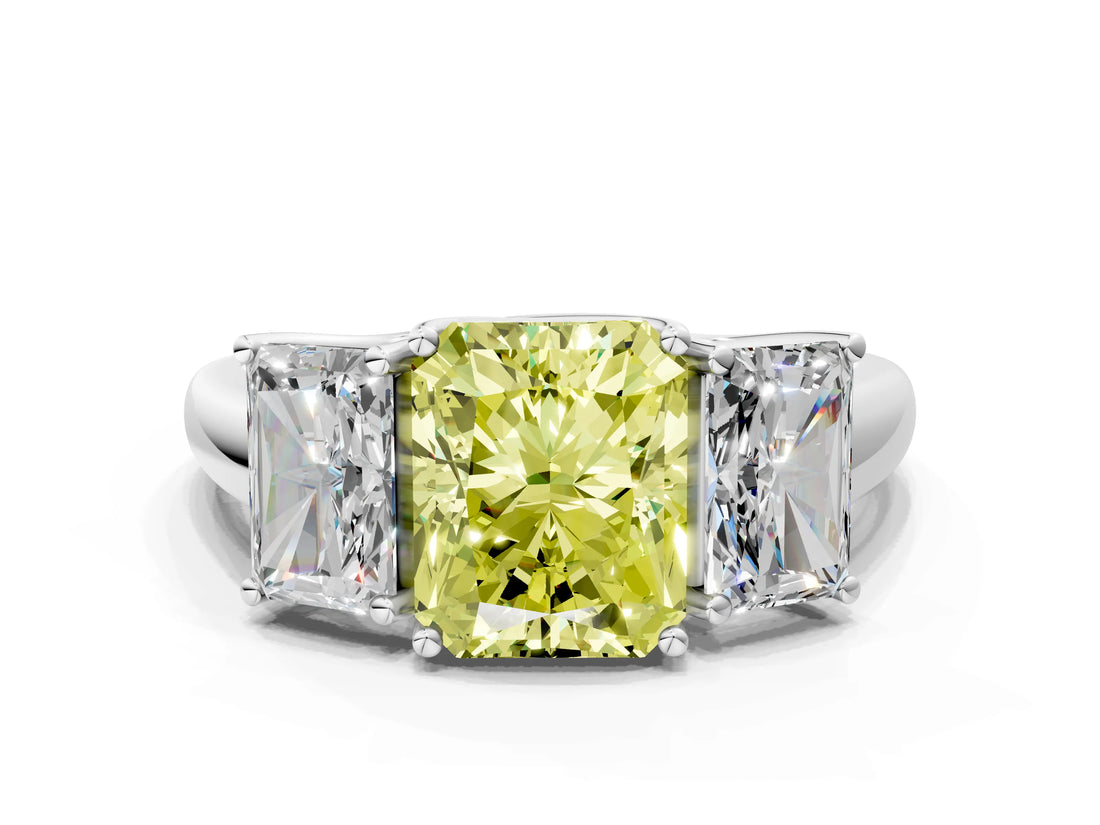 White gold Three-Stone Fancy Yellow Radiant Cut Diamond Engagement Ring with Prong Setting_15