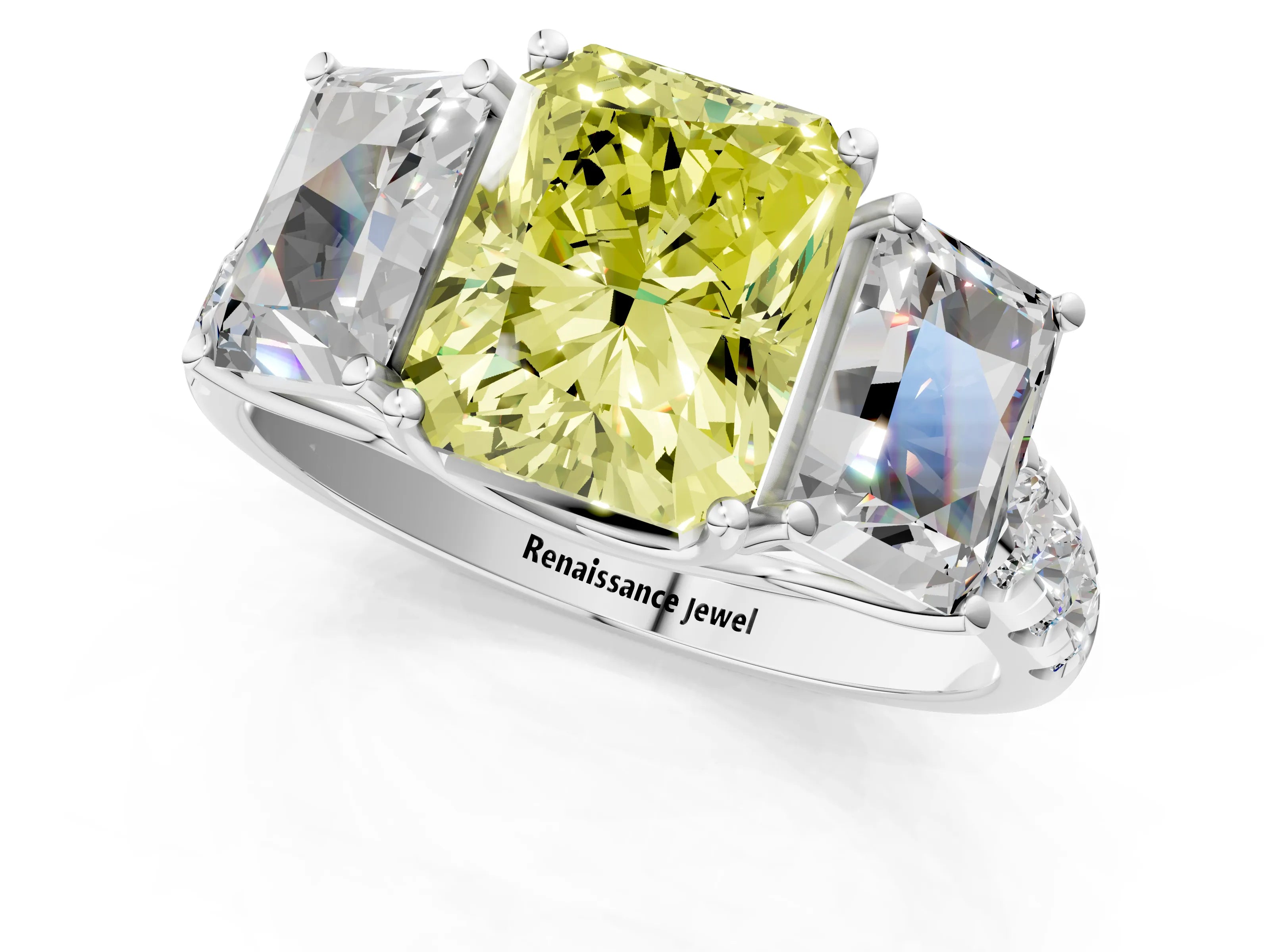 White gold Three-Stone Fancy Yellow Radiant Cut Diamond Pavé Band with Prong Setting_13