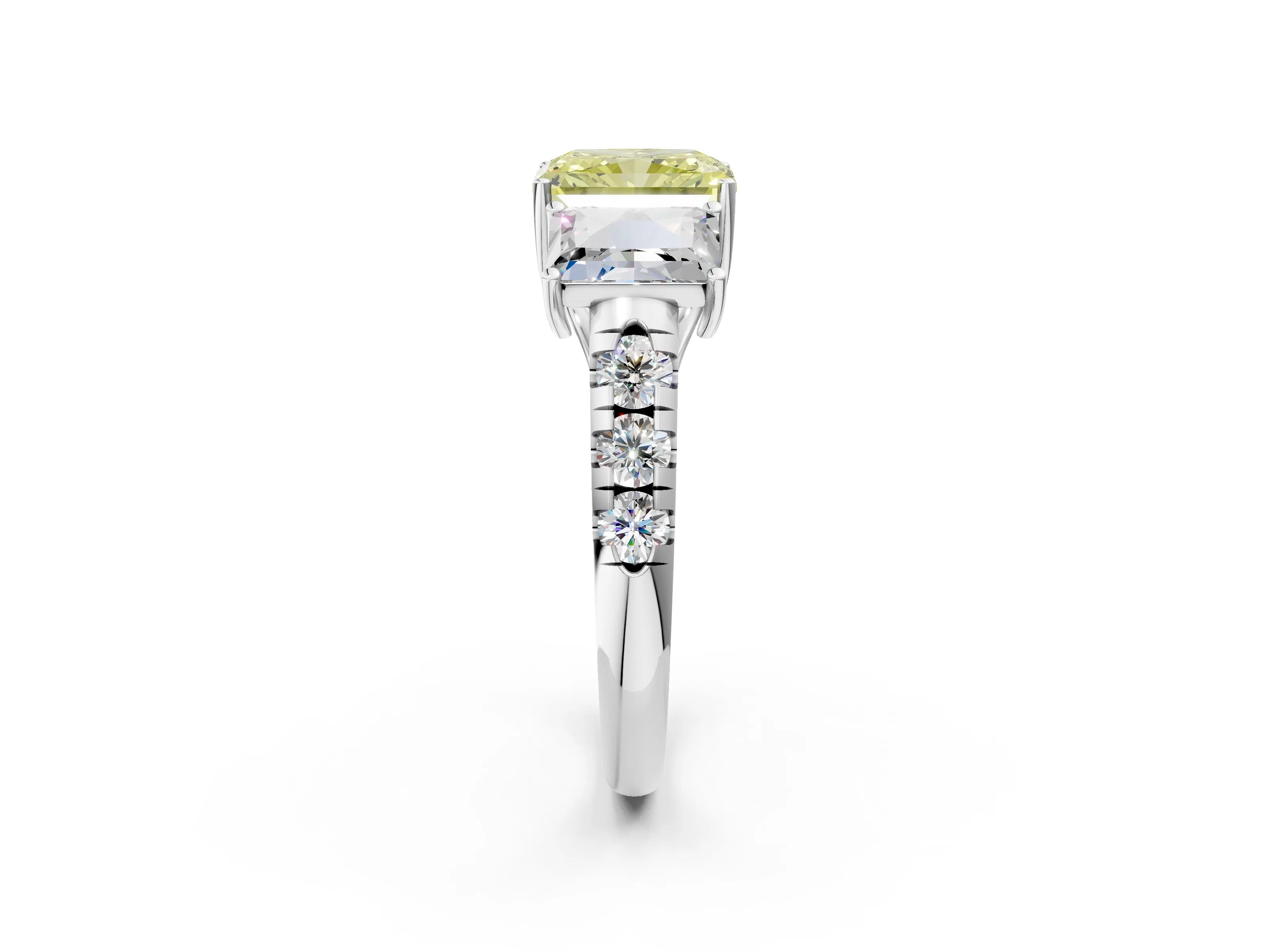 White gold Three-Stone Fancy Yellow Radiant Cut Diamond Pavé Band with Prong Setting_14