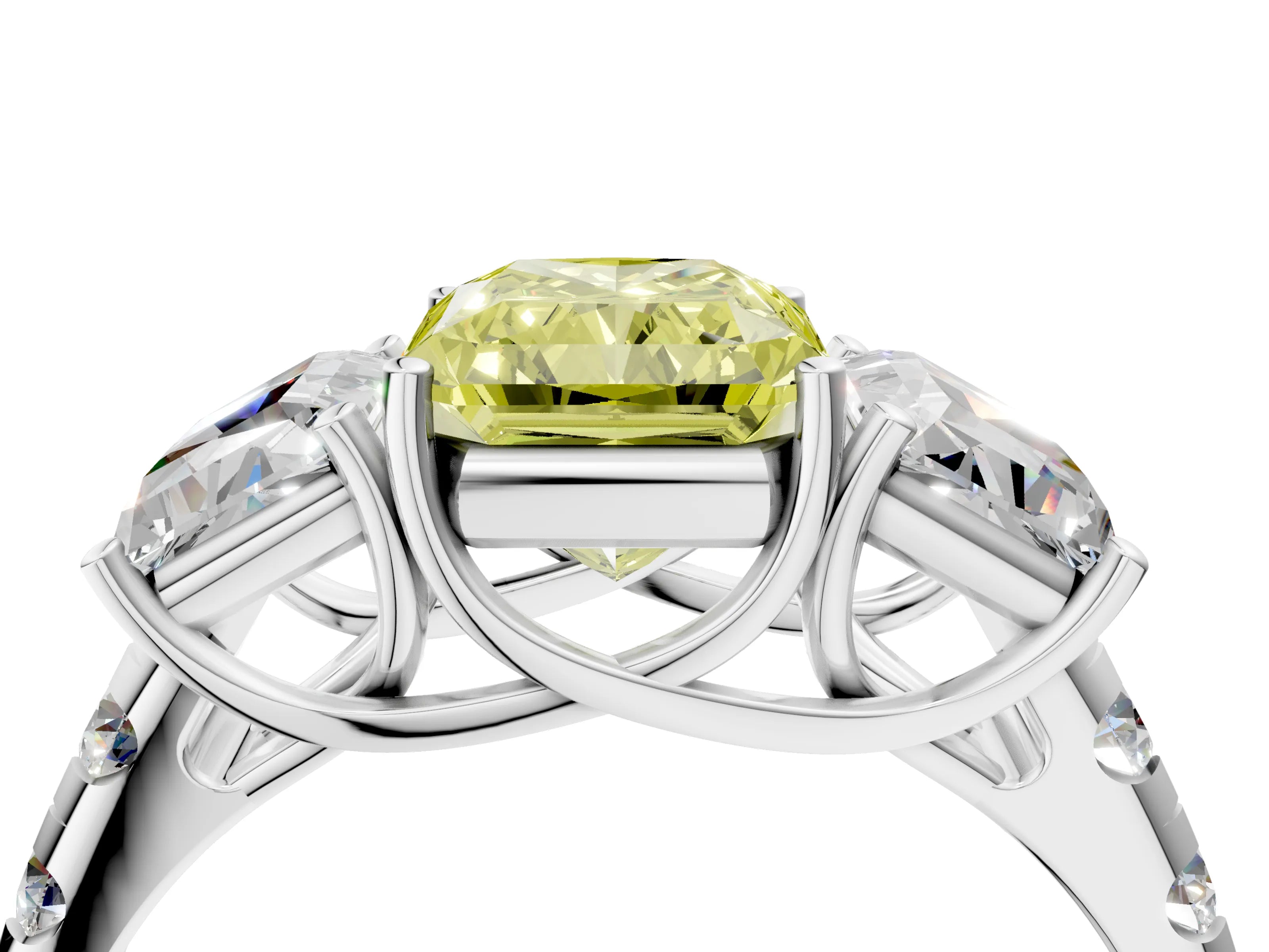 White gold Three-Stone Fancy Yellow Radiant Cut Diamond Pavé Band with Prong Setting_16