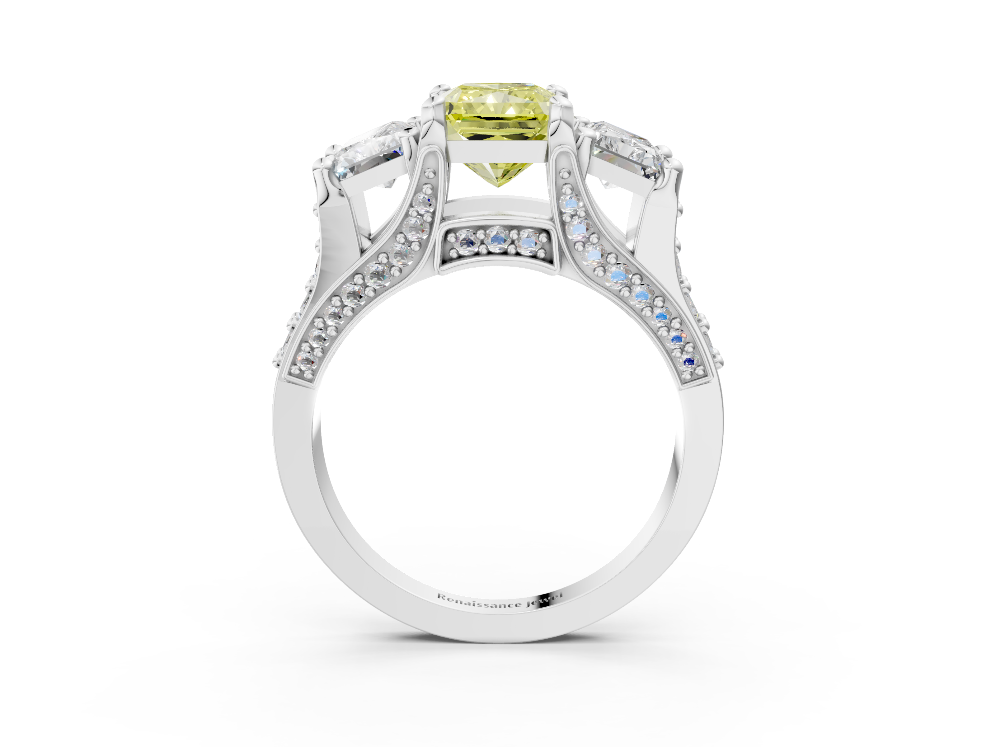 White gold Three-Stone Fancy Yellow Radiant  Cut Diamond Ring with Channel-Set Band and Four-Prong Setting_35