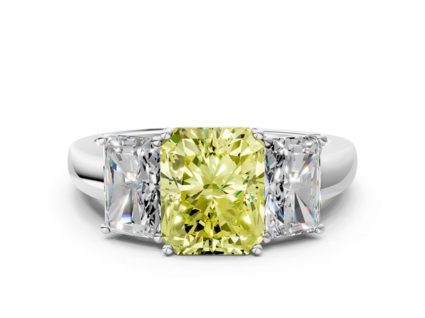 White gold Fancy Yellow Radiant Cut Diamond Three-Stone Ring with Four-Prong Setting and Classic Band