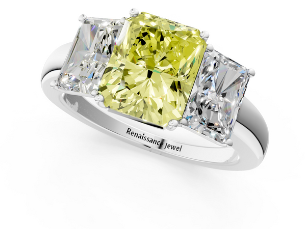 White gold Fancy Yellow Radiant Cut Diamond Three-Stone Ring with Four-Prong Setting and Classic Band