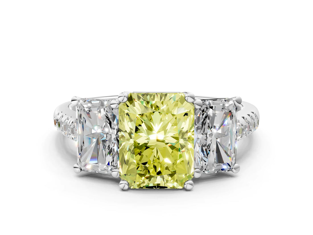 White gold Three-Stone Fancy Yellow Radiant Cut Diamond Ring with Pavé Band and Prong Setting_105