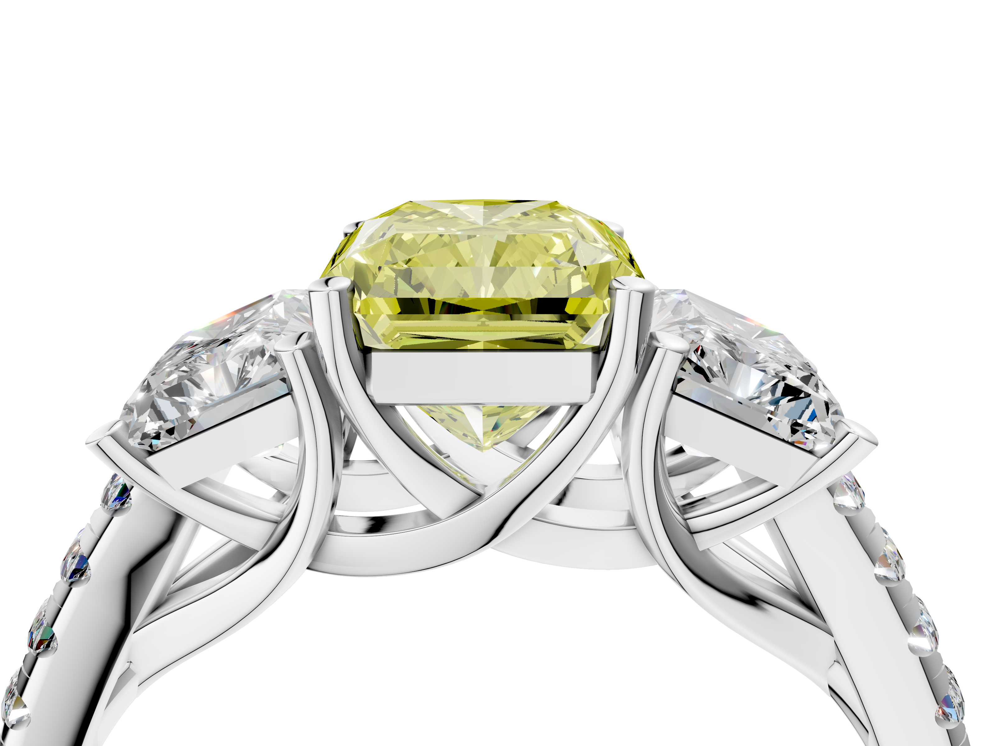 White gold Three-Stone Fancy Yellow Radiant  Cut Diamond Ring with Pavé Band and Prong Setting_20