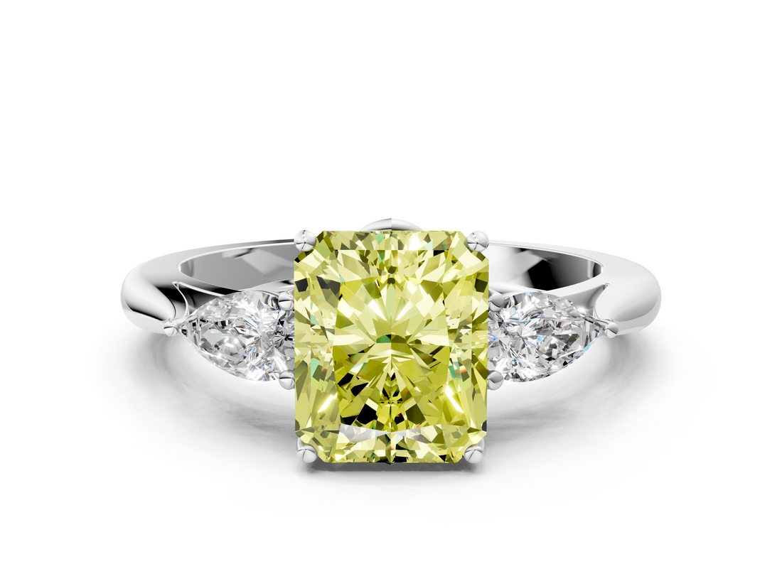 White gold Three-Stone Fancy Yellow Radiant  Cut Diamond Ring with Pear Side Stones in Four-Prong Setting_110