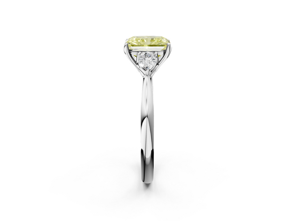 Platinum Three-Stone Fancy Yellow Radiant  Cut Diamond Ring with Pear Side Stones in Four-Prong Setting