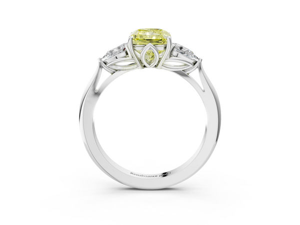 Platinum Three-Stone Fancy Yellow Radiant  Cut Diamond Ring with Pear Side Stones in Four-Prong Setting