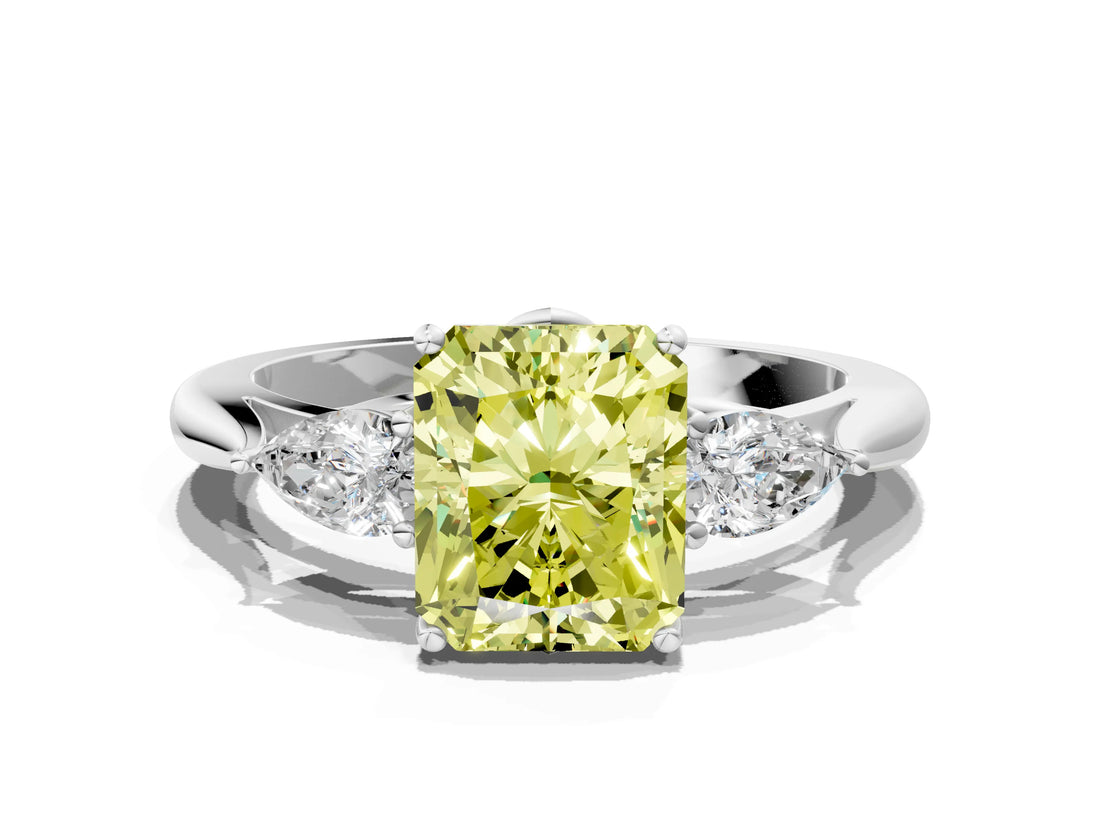 White gold Three-Stone Fancy Yellow Radiant Cut Diamond Ring with Pear  Side Stones in Four-Prong Setting_48