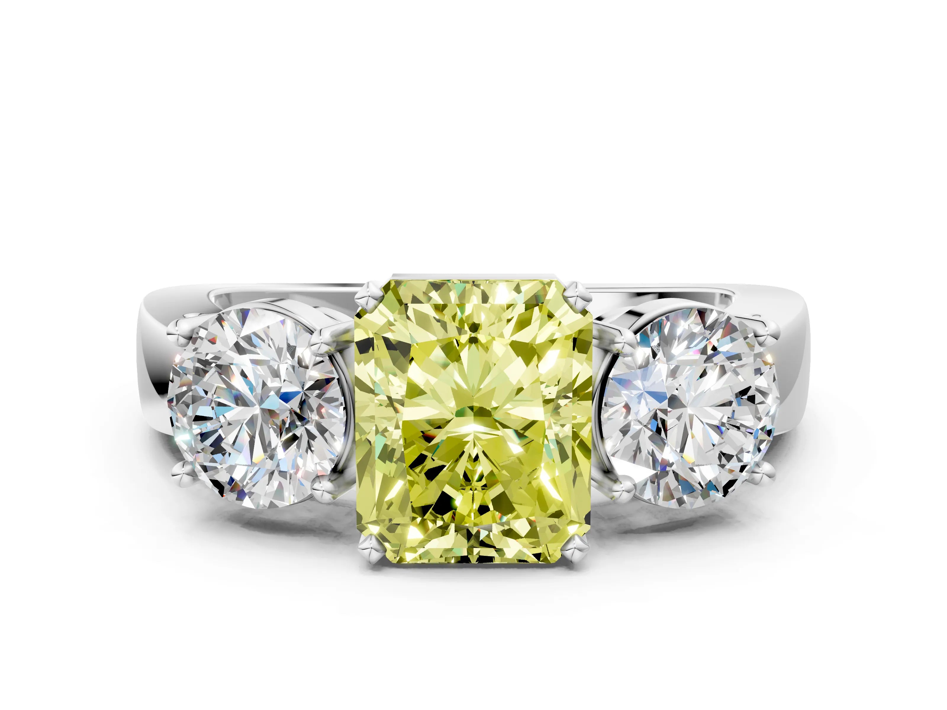 White gold Three-Stone Fancy Yellow Radiant Cut Diamond Ring with Round Side Stones, Classic Band, and Four-Prong Setting