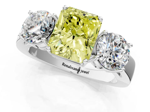 White gold Three-Stone Fancy Yellow Radiant Cut Diamond Ring with Round Side Stones, Classic Band, and Four-Prong Setting_1