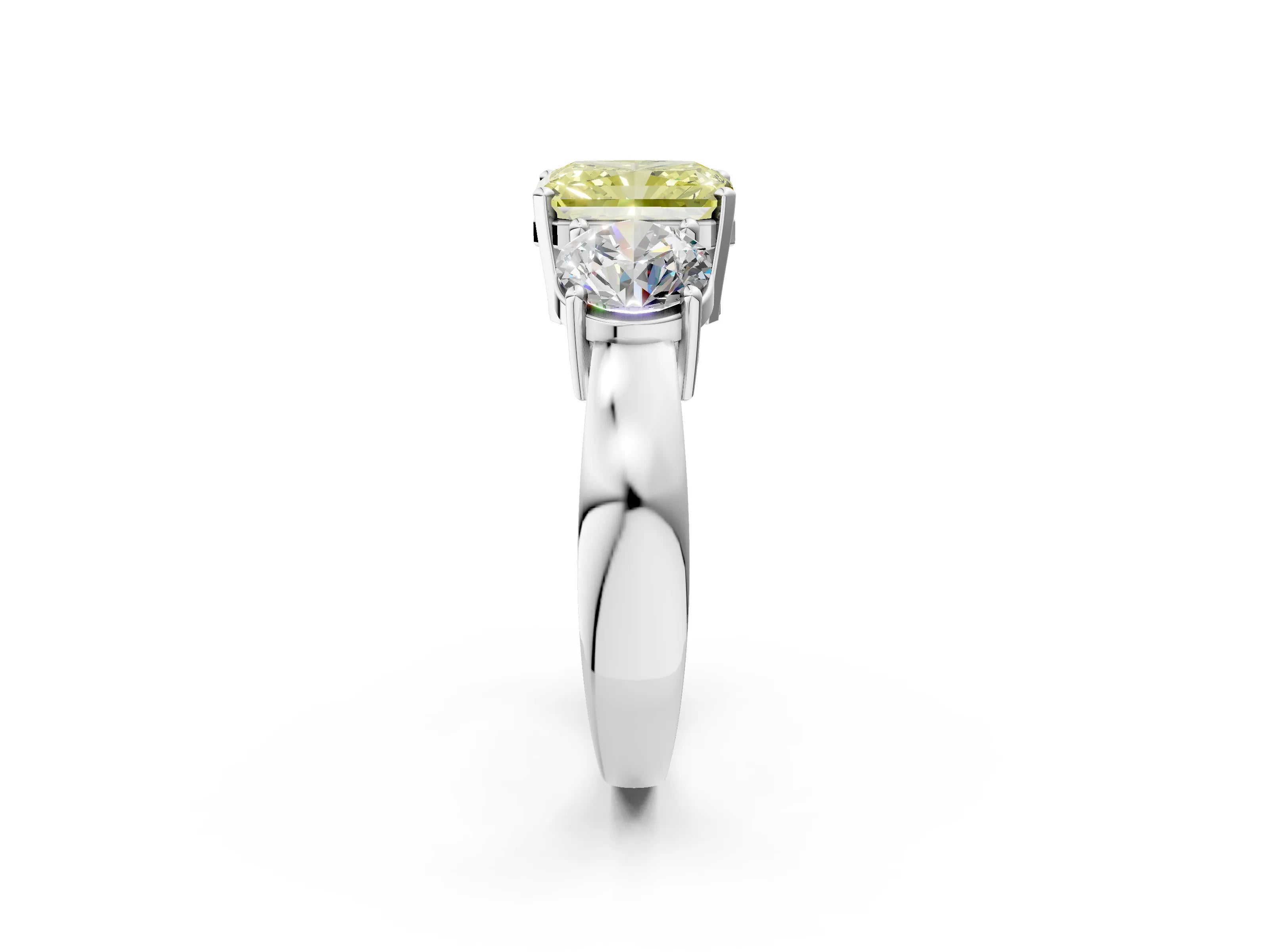 White gold Three-Stone Fancy Yellow Radiant Cut Diamond Ring with Round Side Stones, Classic Band, and Four-Prong Setting_2