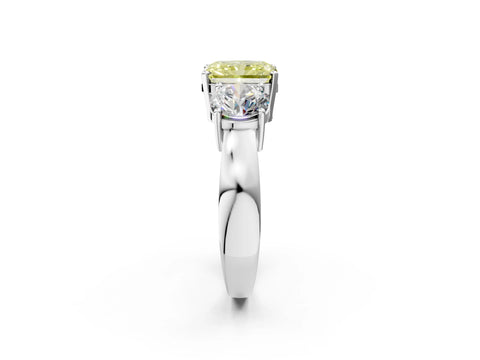 White gold Three-Stone Fancy Yellow Radiant Cut Diamond Ring with Round Side Stones, Classic Band, and Four-Prong Setting_2