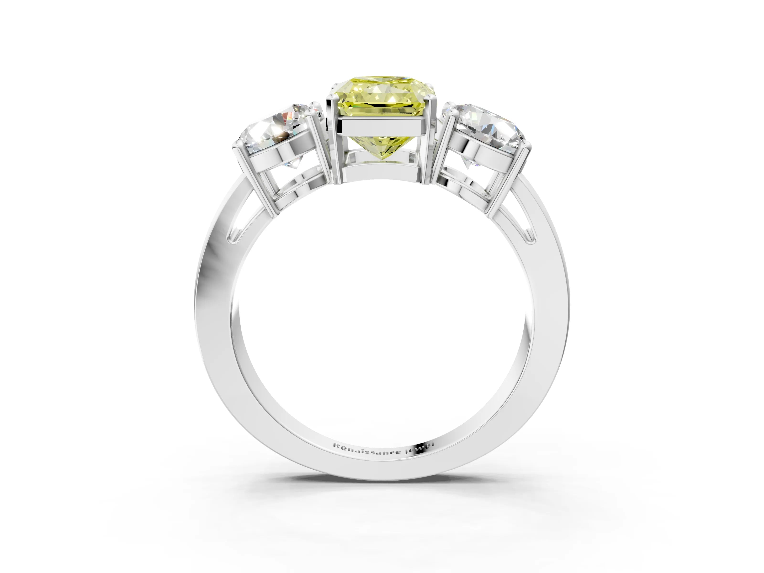 White gold Three-Stone Fancy Yellow Radiant Cut Diamond Ring with Round Side Stones, Classic Band, and Four-Prong Setting_3