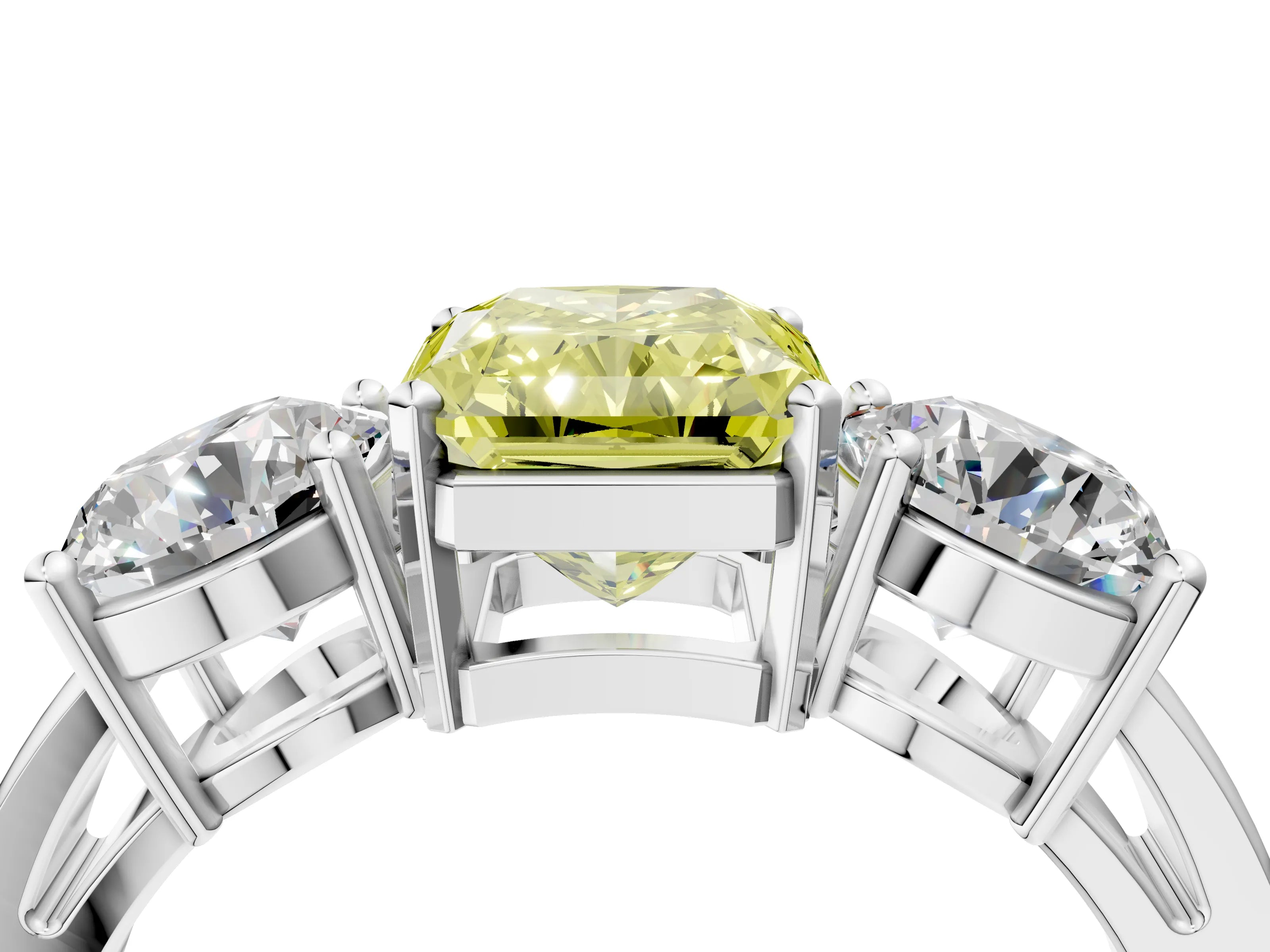 White gold Three-Stone Fancy Yellow Radiant Cut Diamond Ring with Round Side Stones, Classic Band, and Four-Prong Setting_4