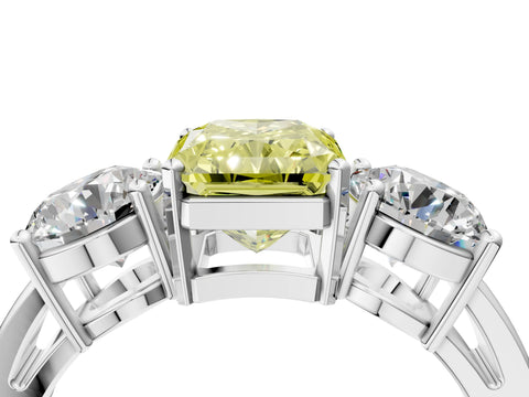 White gold Three-Stone Fancy Yellow Radiant Cut Diamond Ring with Round Side Stones, Classic Band, and Four-Prong Setting_4