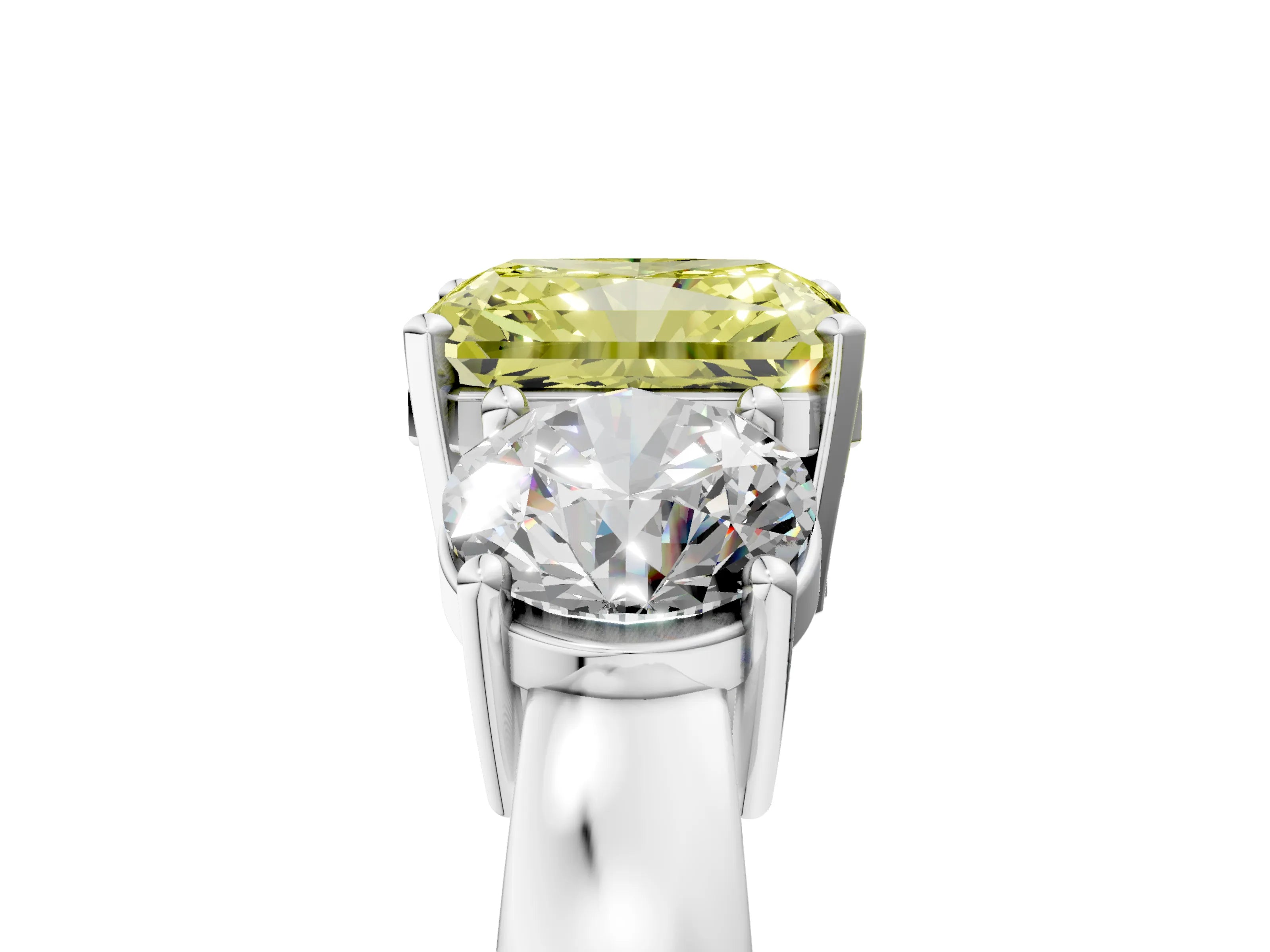 White gold Three-Stone Fancy Yellow Radiant Cut Diamond Ring with Round Side Stones, Classic Band, and Four-Prong Setting_5