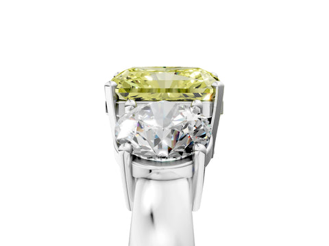 White gold Three-Stone Fancy Yellow Radiant Cut Diamond Ring with Round Side Stones, Classic Band, and Four-Prong Setting_5