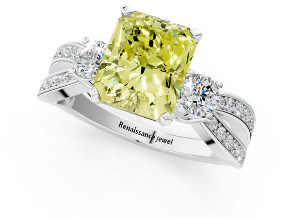 White gold Three-Stone Fancy Yellow Radiant  Cut Diamond Twist Band with Prong Setting