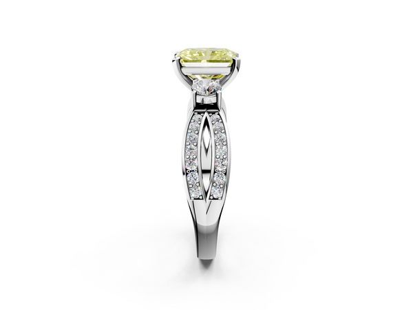 White gold Three-Stone Fancy Yellow Radiant  Cut Diamond Twist Band with Prong Setting
