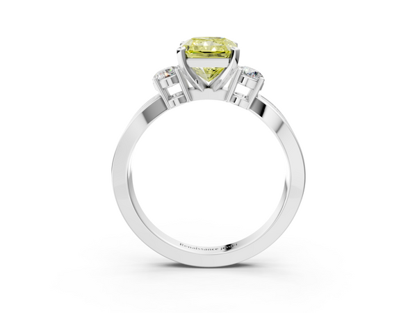 White gold Three-Stone Fancy Yellow Radiant  Cut Diamond Twist Band with Prong Setting