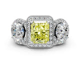 White gold Three-Stone Fancy Yellow Radiant Cut Halo Diamond Milgrain Band with Four-Prong Setting