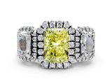 White gold Three-Stone Fancy Yellow Radiant Cut Halo Diamond Ring with Pave Band and Four-Prong Setting