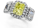 White gold Three-Stone Fancy Yellow Radiant Cut Halo Diamond Ring with Pave Band and Four-Prong Setting_1