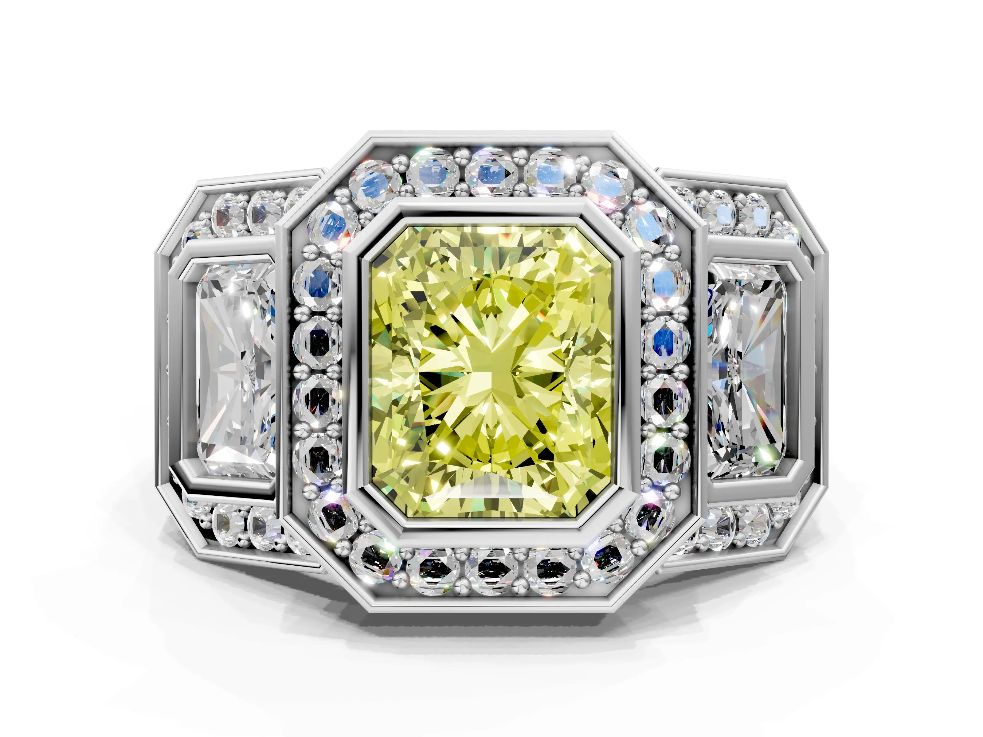 White gold Three-Stone Fancy Yellow Radiant Cut Halo Pavé Diamond Ring