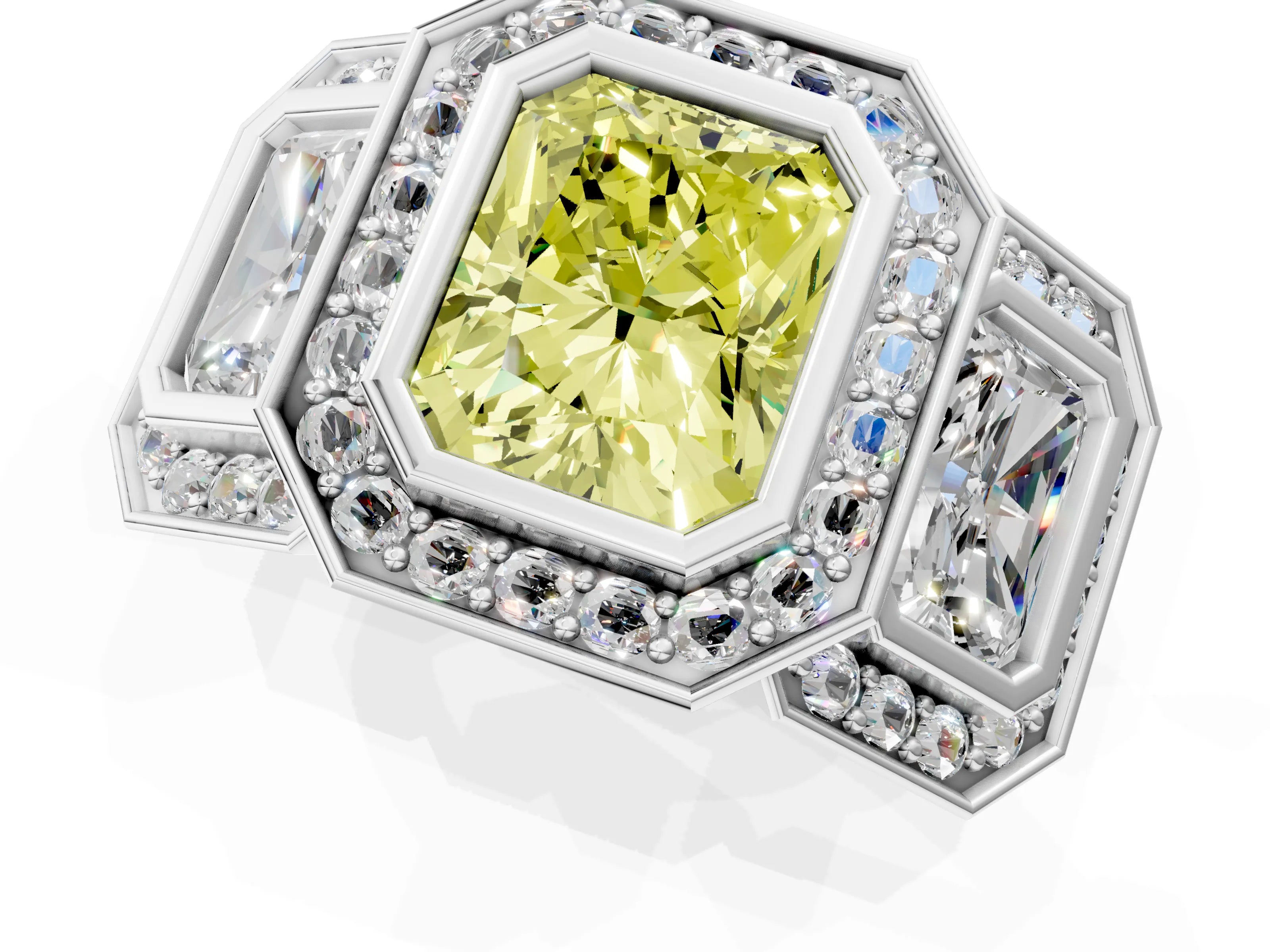 White gold Three-Stone Fancy Yellow Radiant Cut Halo Pavé Diamond Ring_1