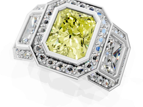 White gold Three-Stone Fancy Yellow Radiant Cut Halo Pavé Diamond Ring_1