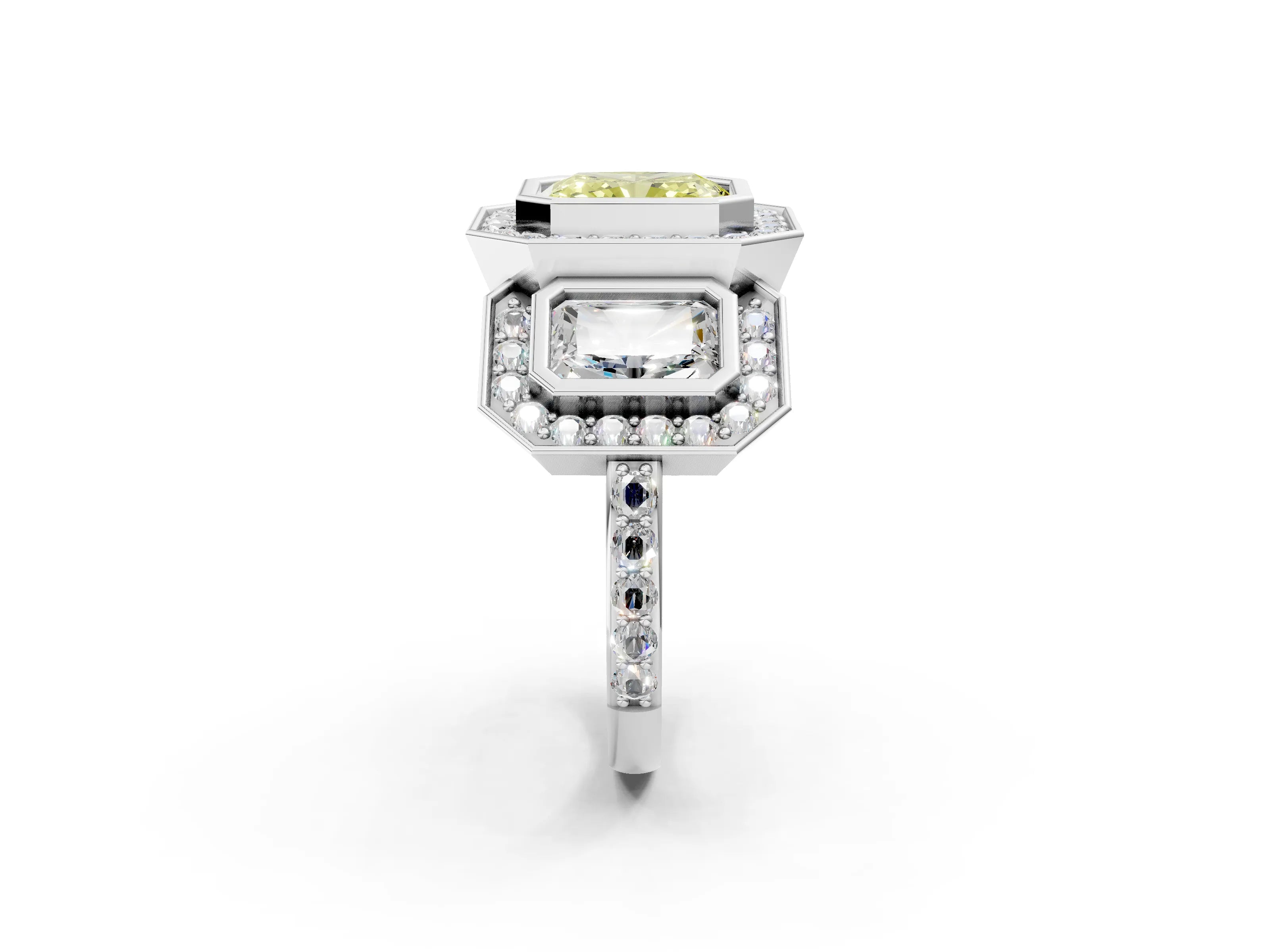 White gold Three-Stone Fancy Yellow Radiant Cut Halo Pavé Diamond Ring_2