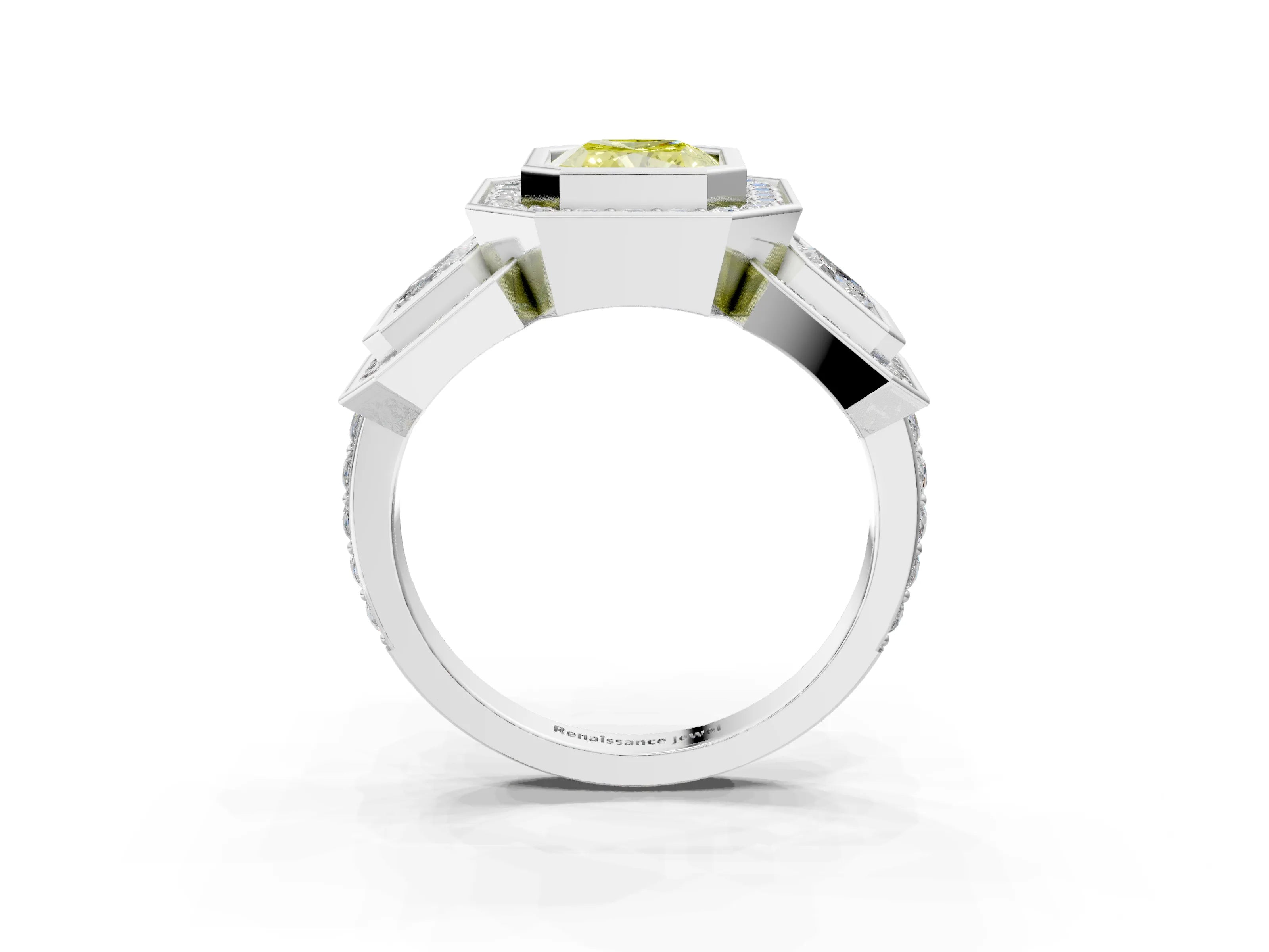 White gold Three-Stone Fancy Yellow Radiant Cut Halo Pavé Diamond Ring_3
