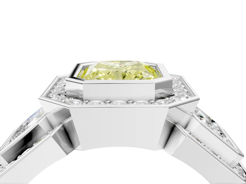 White gold Three-Stone Fancy Yellow Radiant Cut Halo Pavé Diamond Ring_4