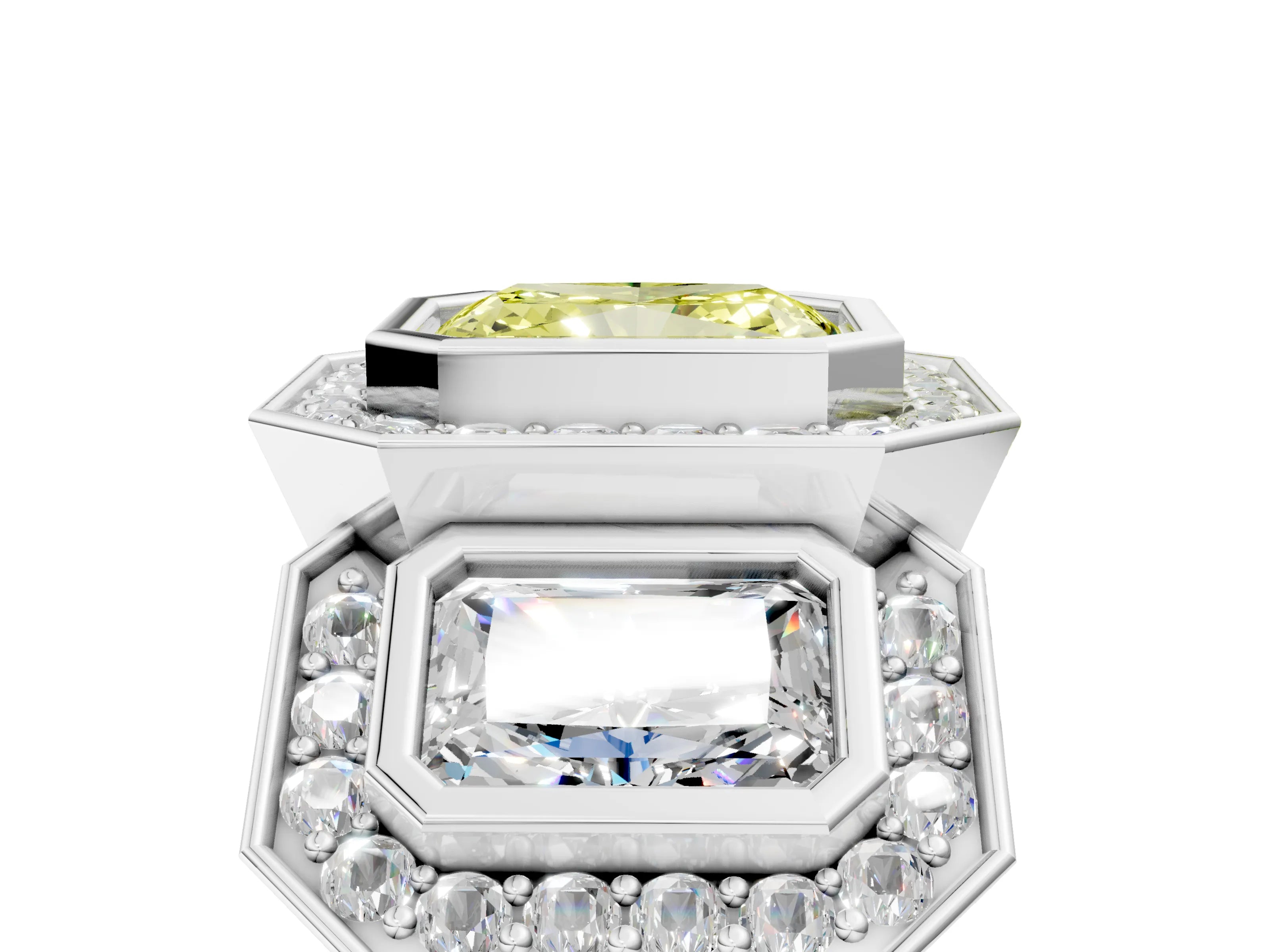 White gold Three-Stone Fancy Yellow Radiant Cut Halo Pavé Diamond Ring_5