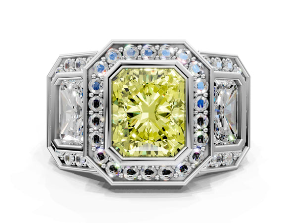 White gold Three-Stone Fancy Yellow Radiant Cut Halo Pavé Diamond Ring